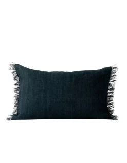 Vintage Linen Fringe Rectangle Cushion In Slate