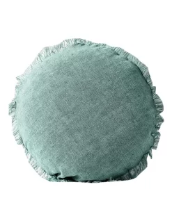 Vintage Linen Fringe 45cm Round Cushion Jade