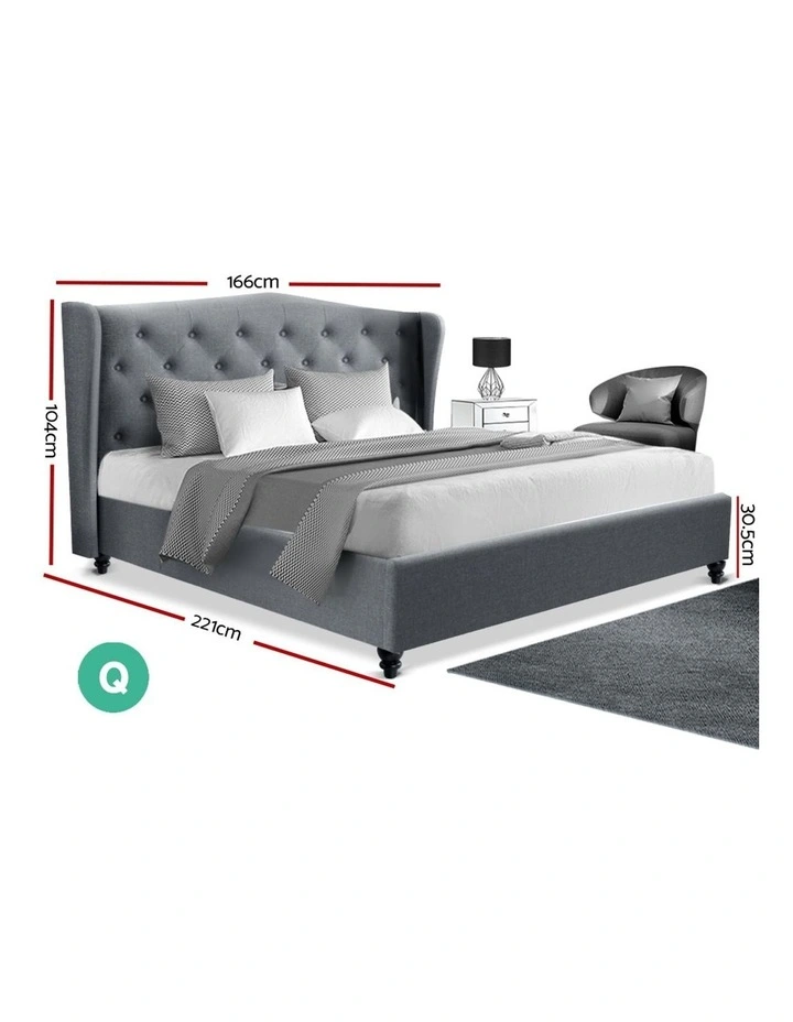Queen Size Wooden Upholstered Bed Frame Headborad Grey - Image 2