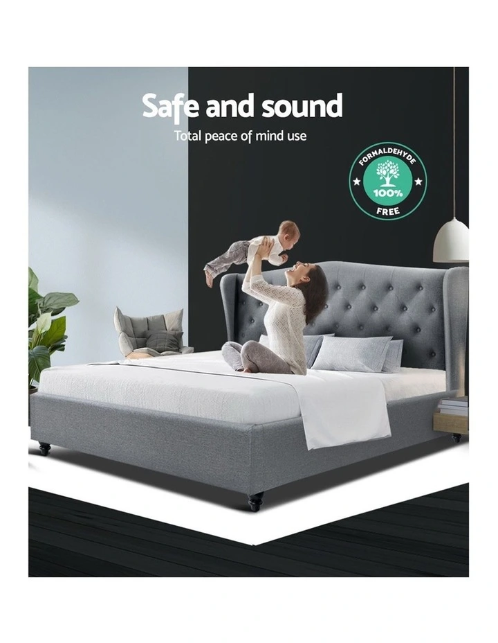 Queen Size Wooden Upholstered Bed Frame Headborad Grey - Image 6