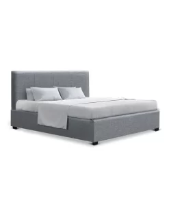 Double Size Bed Frame Gas Lift Linen Fabric Wooden Storage Steel Grey