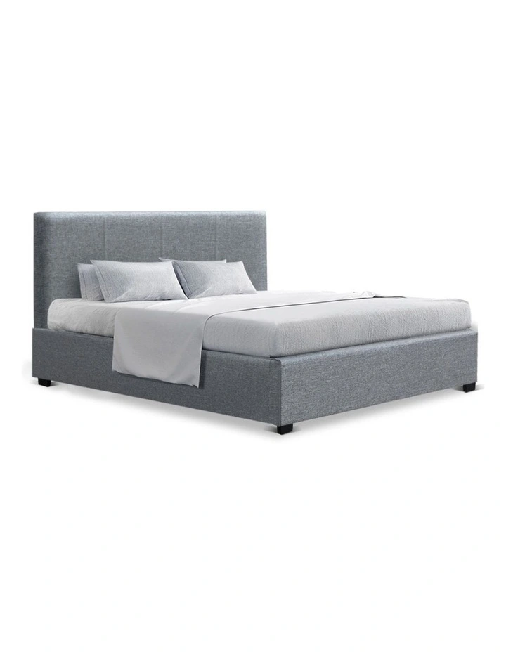 Double Size Bed Frame Gas Lift Linen Fabric Wooden Storage Steel Grey