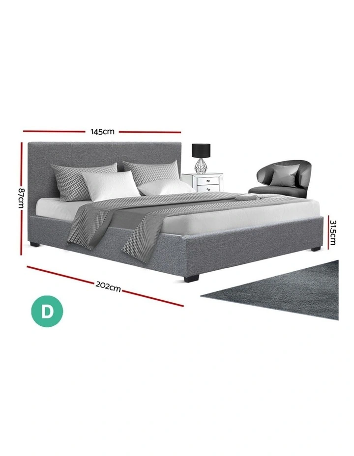 Double Size Bed Frame Gas Lift Linen Fabric Wooden Storage Steel Grey - Image 2