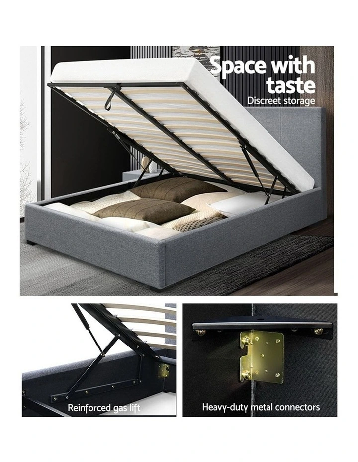 Double Size Bed Frame Gas Lift Linen Fabric Wooden Storage Steel Grey - Image 4