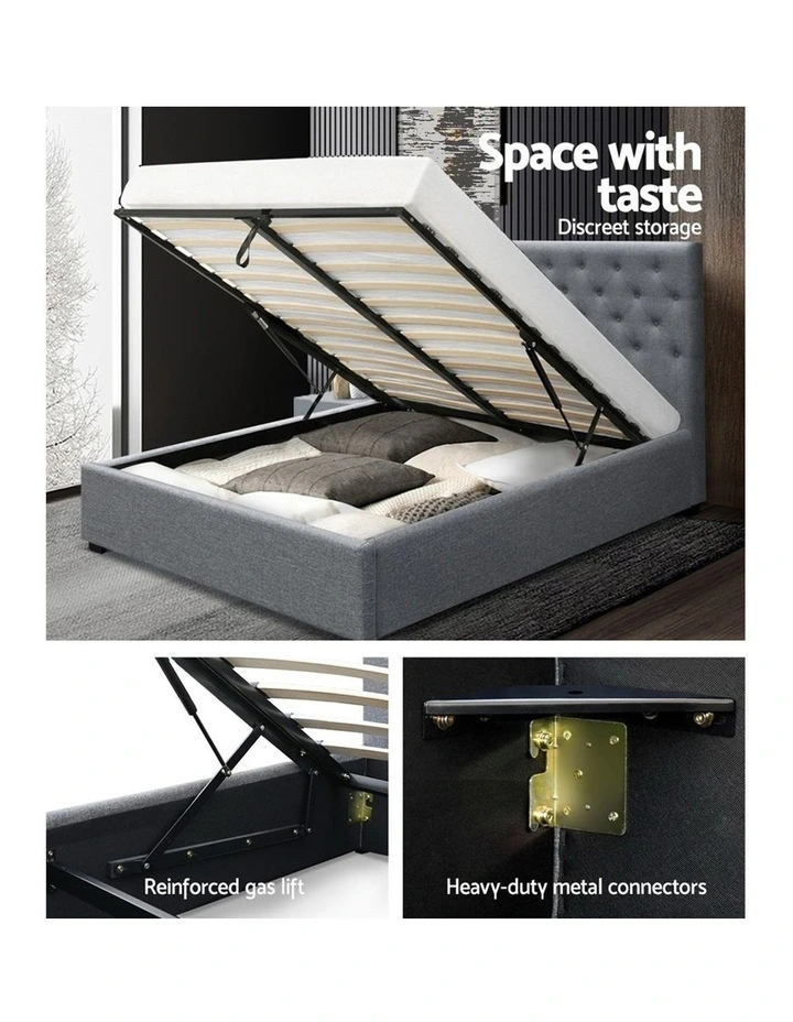 Double Full Size Gas Lift Bed Frame Base With Storage Mattress Grey Fabric VILA - Image 5