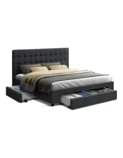 Queen Size Fabric Bed Frame Headboard With Drawers Charcoal