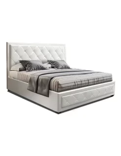 TIYO Queen Size Gas Lift Bed Frame Base With Storage Mattress White Leather