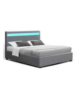 LED Bed Frame Queen Size Gas Lift Base With Storage Grey Fabric COLE