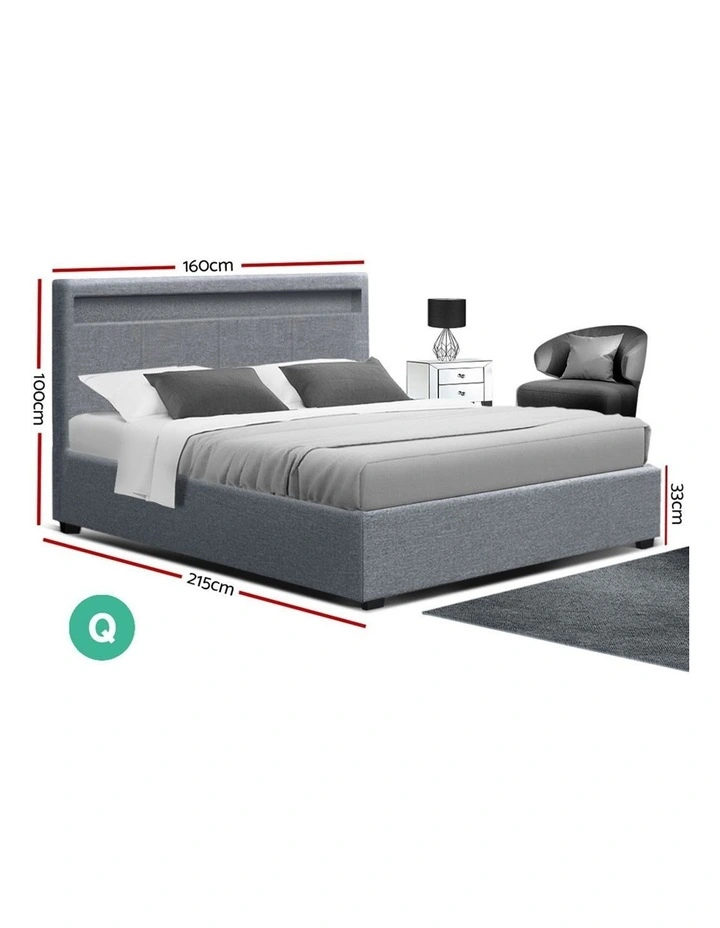 LED Bed Frame Queen Size Gas Lift Base With Storage Grey Fabric COLE - Image 2