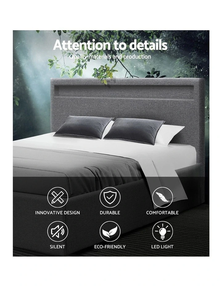 LED Bed Frame Queen Size Gas Lift Base With Storage Grey Fabric COLE - Image 3