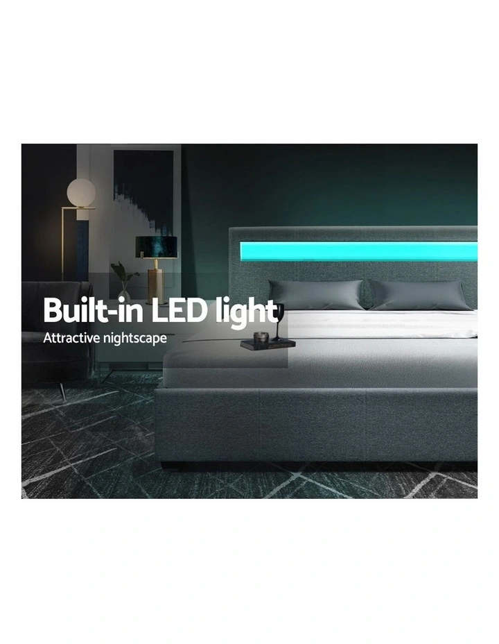LED Bed Frame Queen Size Gas Lift Base With Storage Grey Fabric COLE - Image 4