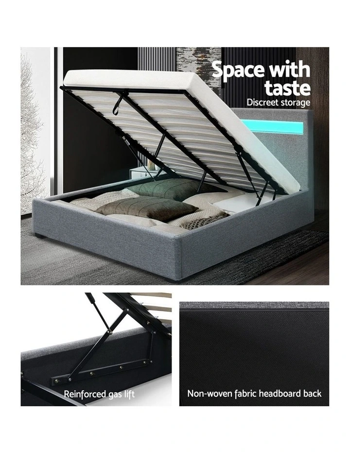 LED Bed Frame Queen Size Gas Lift Base With Storage Grey Fabric COLE - Image 6