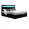 LED Bed Frame Queen Size Gas Lift Base With Storage Black Leather