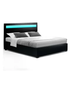 LED Bed Frame Queen Size Gas Lift Base With Storage Black Leather