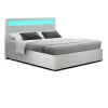 LED Bed Frame Queen Size Gas Lift Base With Storage White Leather