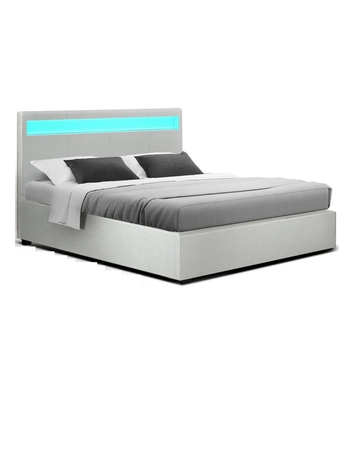 LED Bed Frame Queen Size Gas Lift Base With Storage White Leather