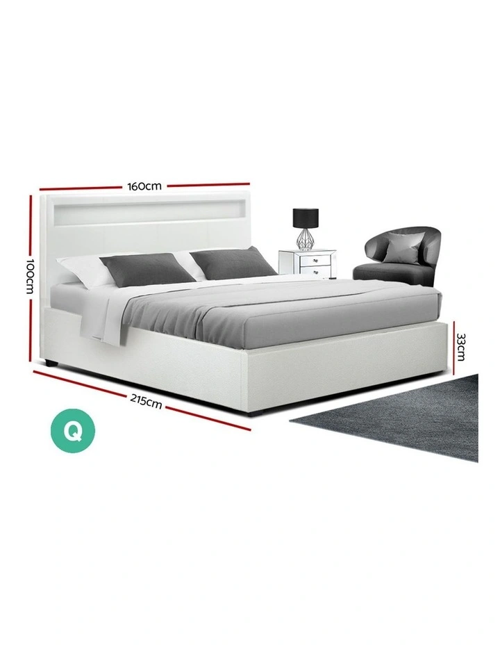 LED Bed Frame Queen Size Gas Lift Base With Storage White Leather - Image 2