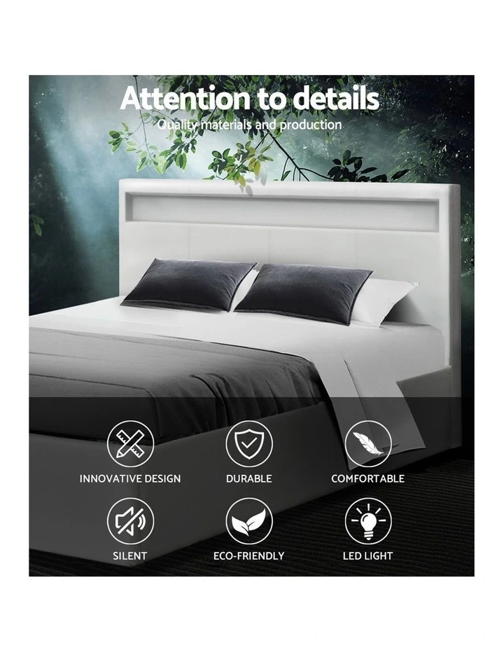 LED Bed Frame Queen Size Gas Lift Base With Storage White Leather - Image 3