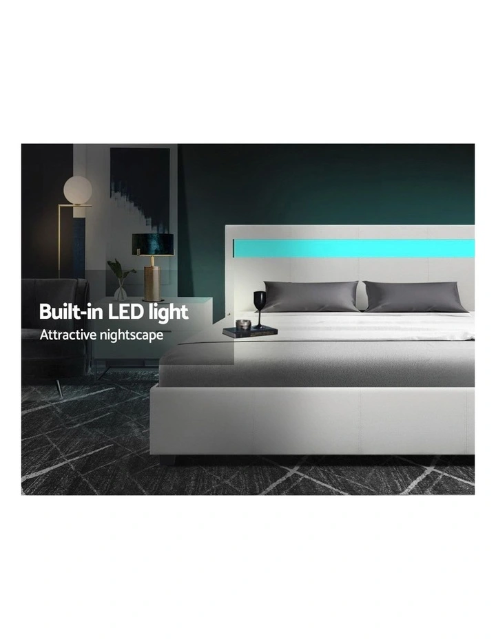 LED Bed Frame Queen Size Gas Lift Base With Storage White Leather - Image 4