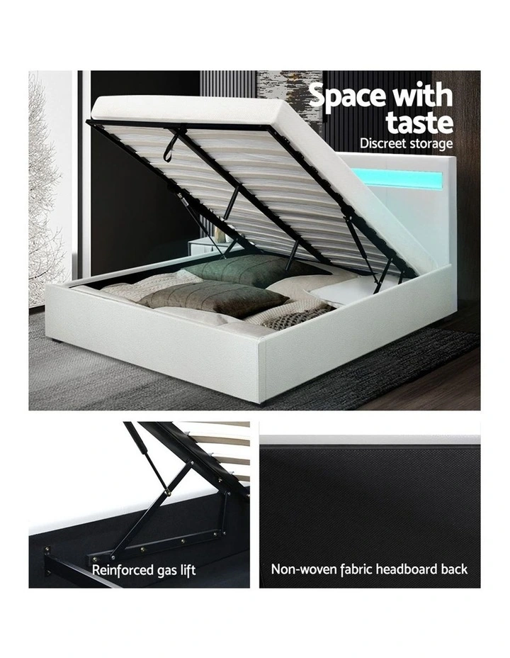 LED Bed Frame Queen Size Gas Lift Base With Storage White Leather - Image 6