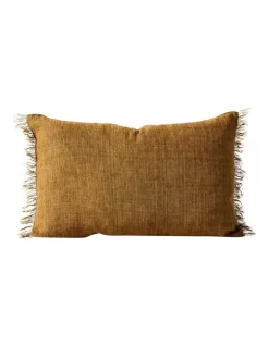 Vintage Linen Fringe Rectangle Cushion In Bronze