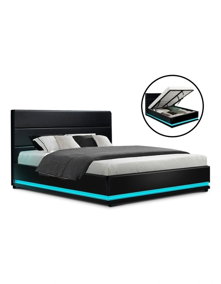 Lumi Gas Lift Bed Frame Black Leather RGB LED Queen - Image 2