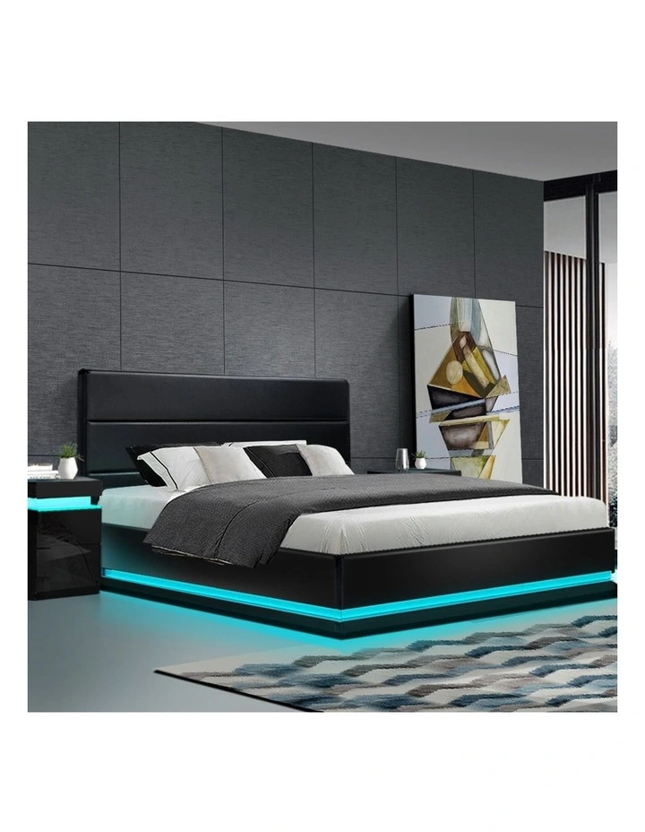Lumi Gas Lift Bed Frame Black Leather RGB LED Queen - Image 3