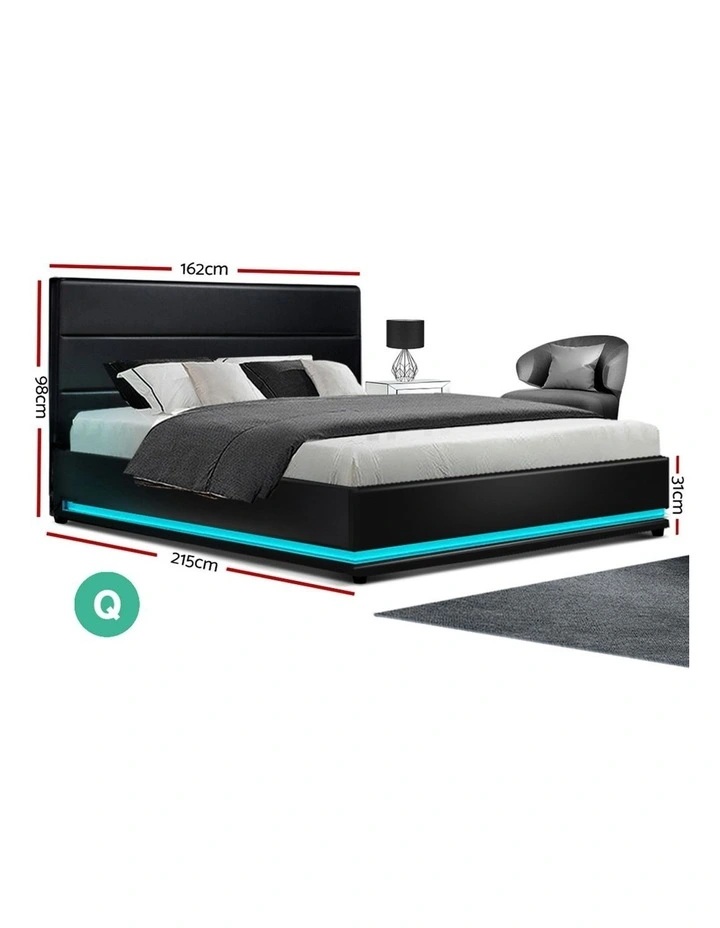 Lumi Gas Lift Bed Frame Black Leather RGB LED Queen - Image 4