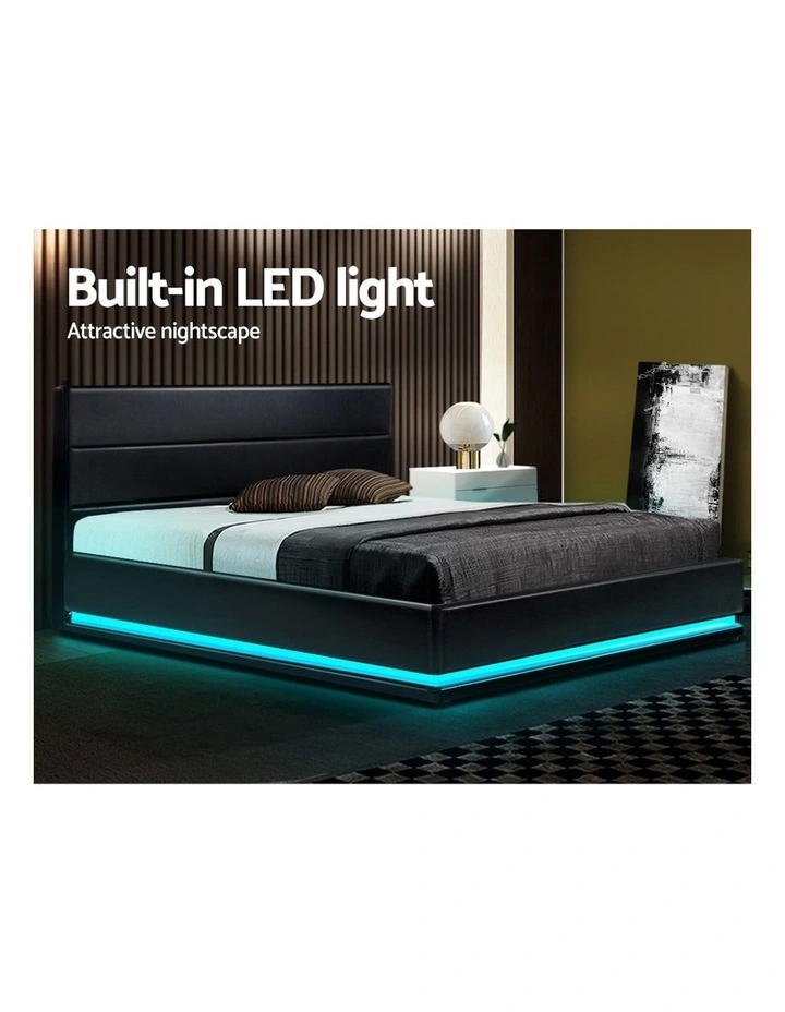 Lumi Gas Lift Bed Frame Black Leather RGB LED Queen - Image 5