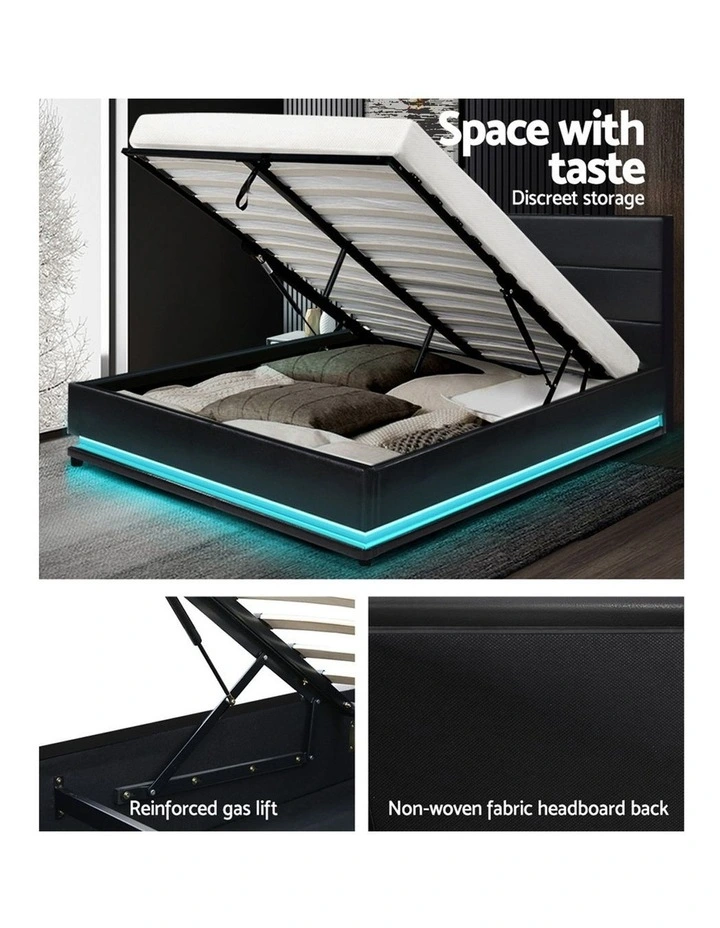 Lumi Gas Lift Bed Frame Black Leather RGB LED Queen - Image 7
