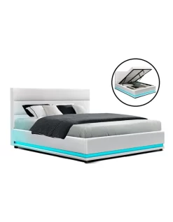 Lumi Gas Lift Bed Frame Double White Leather